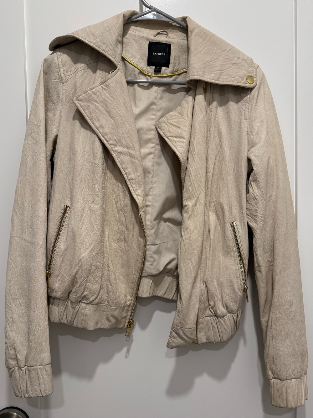 EXPRESS Cream Genuine Leather Moto Bomber Jacket Small Gold Zip